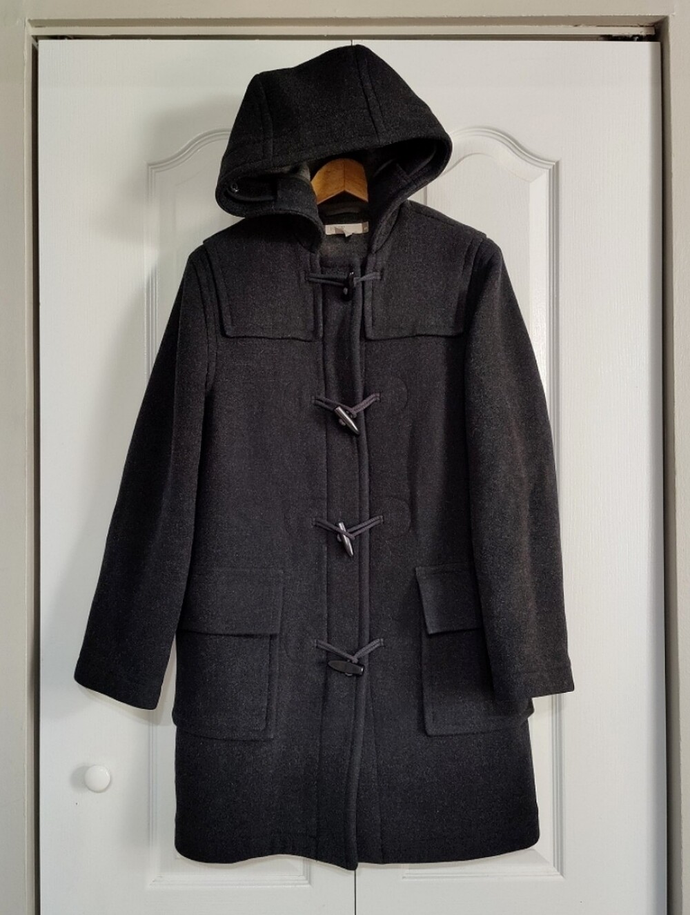 J.Crew Mens XS / Small Hooded Wool Duffle Coat Charcoal Grey Black Toggle Zip
